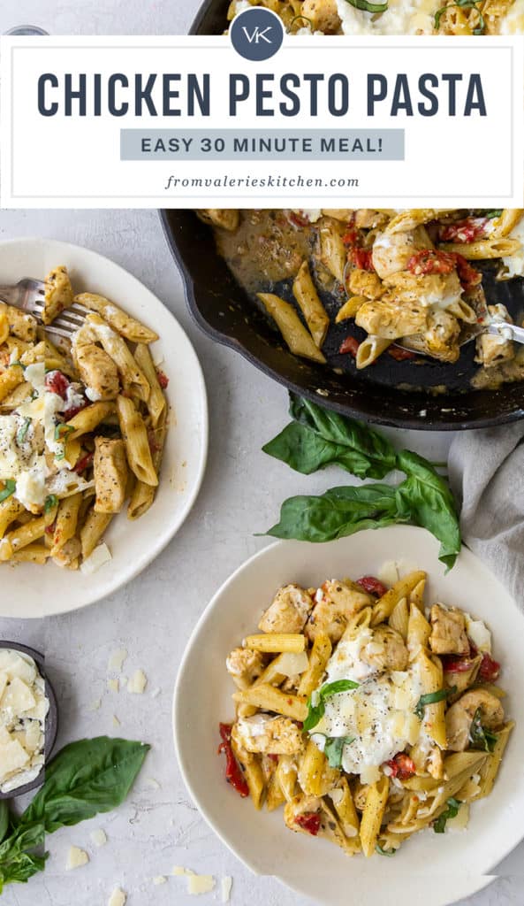 Two bowls of Chicken Pesto Pasta next to a skillet with text overlay.