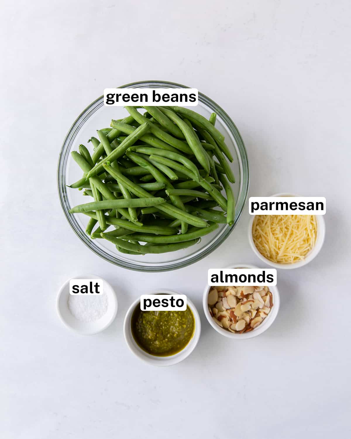 The ingredients for Pesto Green Beans with text overlay.