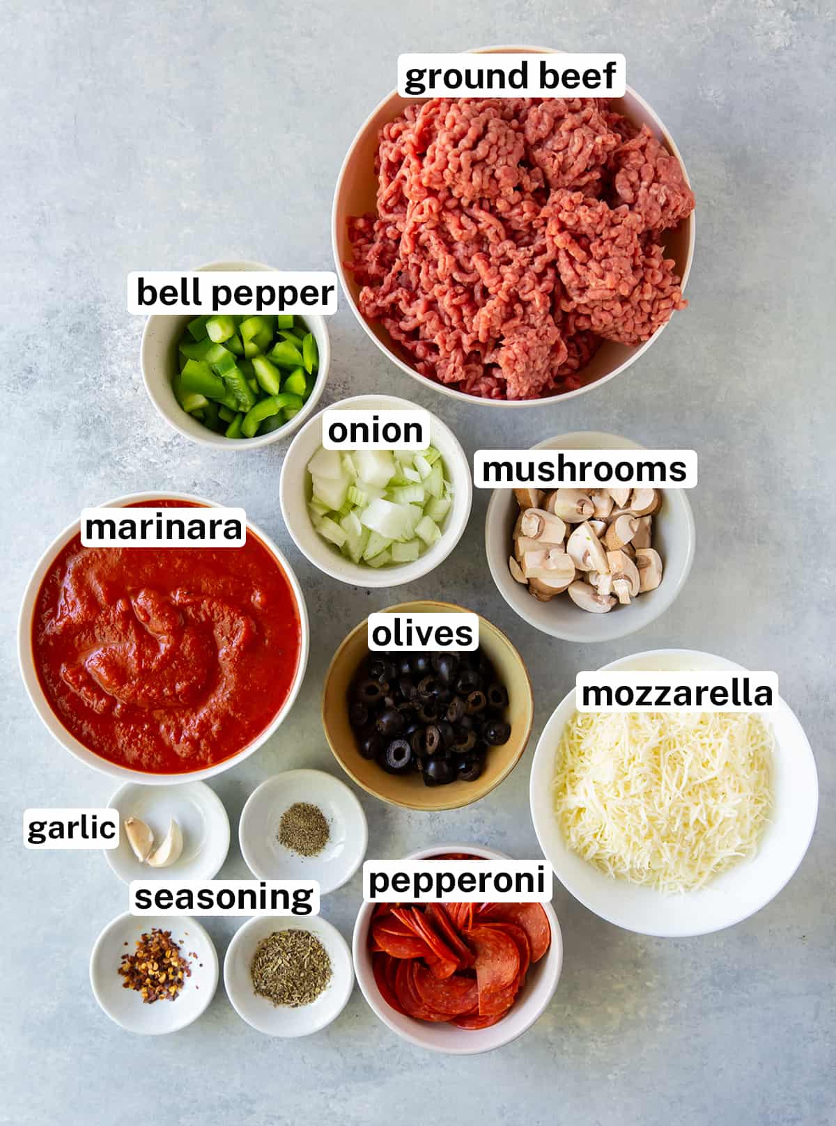 The ingredients for Pizza Joes with text overlay.