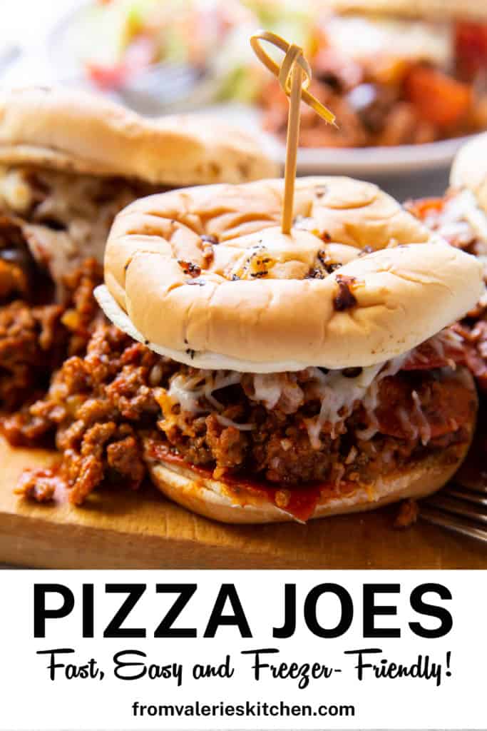 A close up of a Pizza Joe sandwich with text overlay.