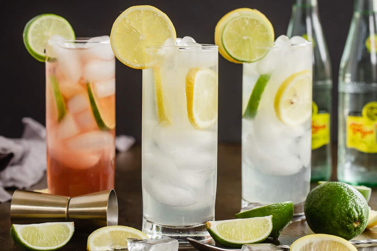 Three variations of Ranch Water with slices of lemon and lime.