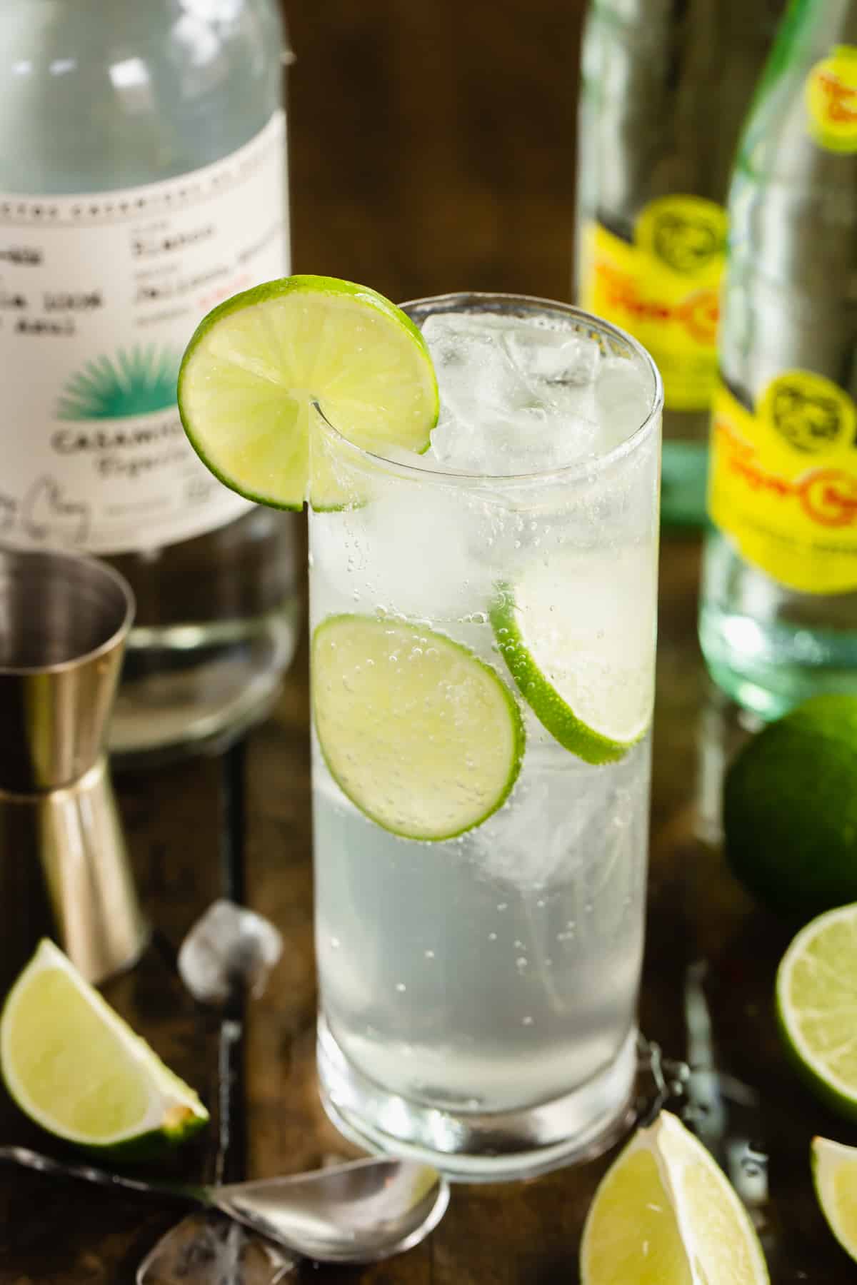 A glass of Ranch Water with ice and lime slices.