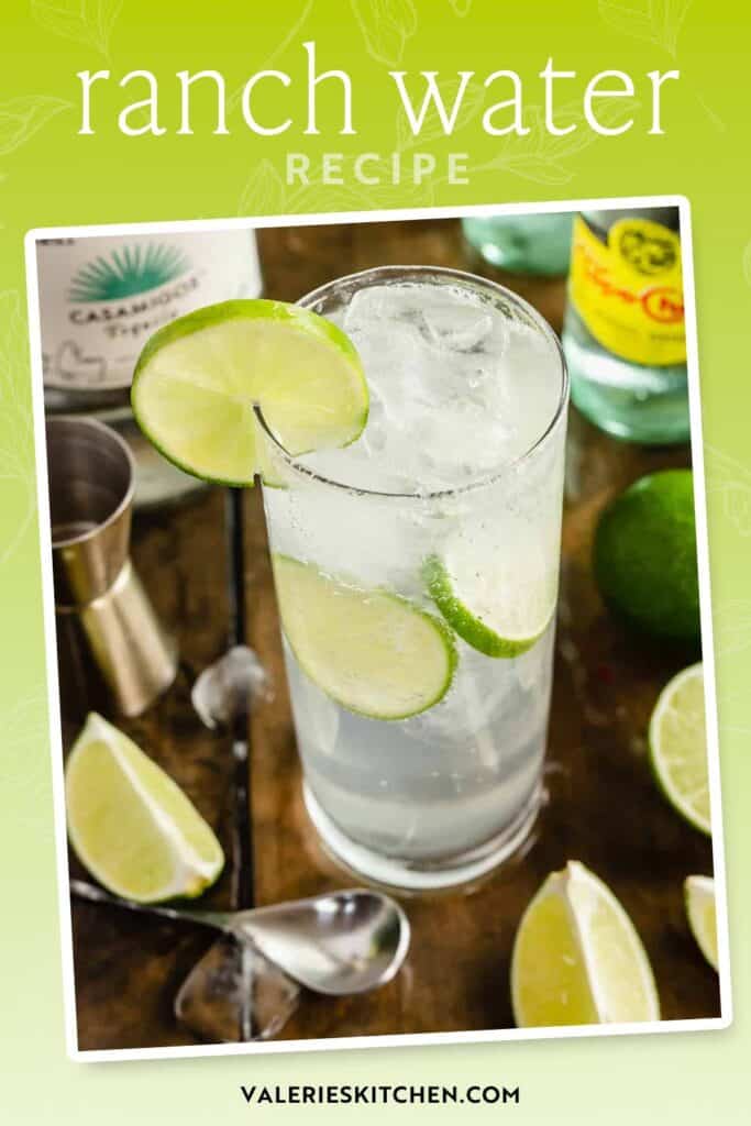 Ranch water in a tall glass with slices of lime and ice with text overlay.