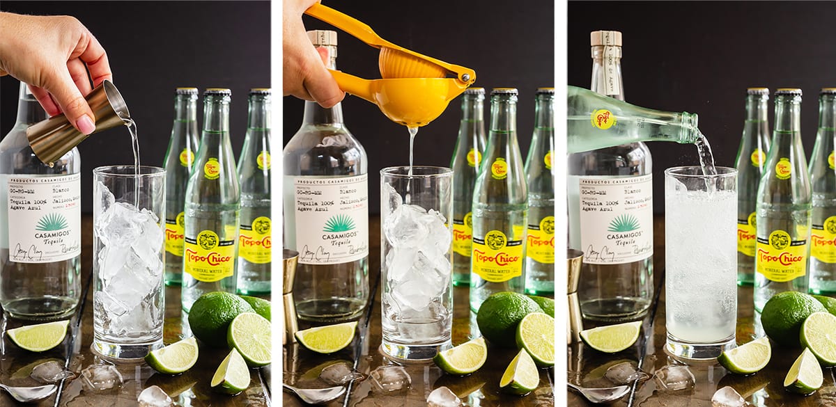 Tequila, lime juice, and Ranch Water are poured into a tall glass with ice.