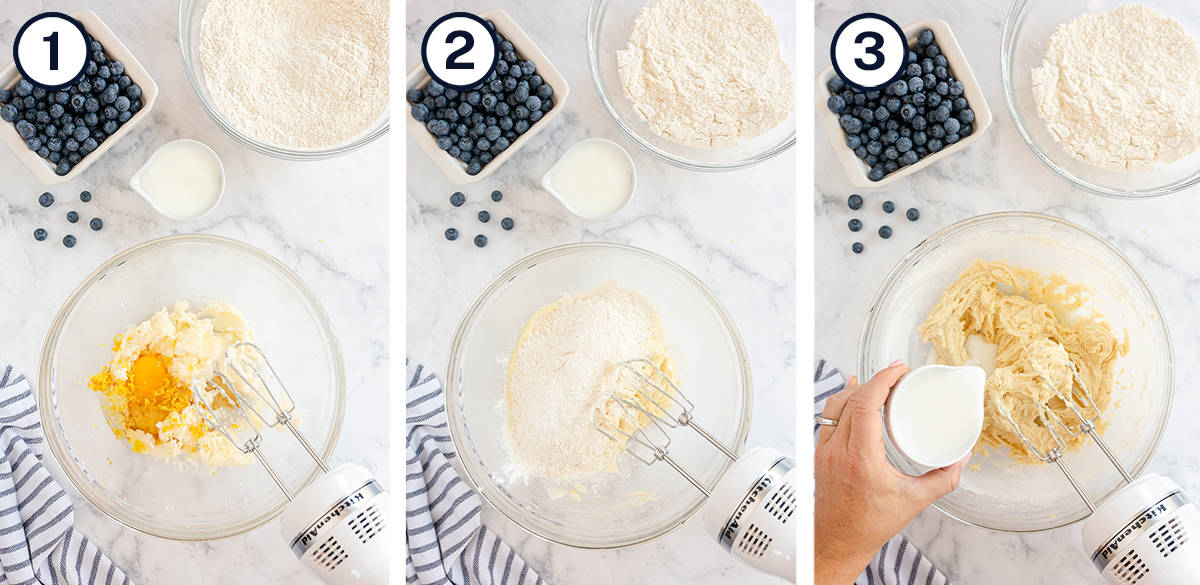 Crumb cake ingredients are combined with a hand mixer in a mixing bowl.