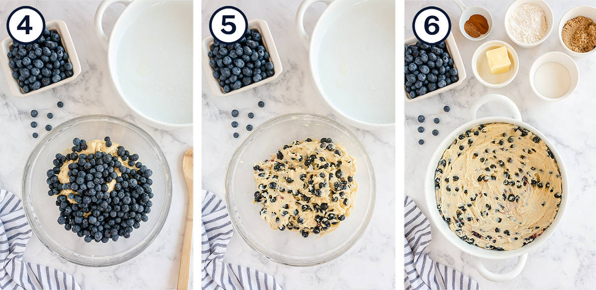 Blueberries being mixed into batter and the batter in a baking dish.