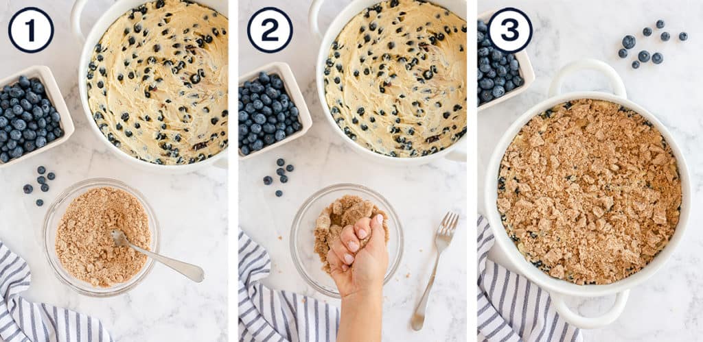 Crumb topping in a bowl, squeezed in a hand, and on top of a crumb cake.