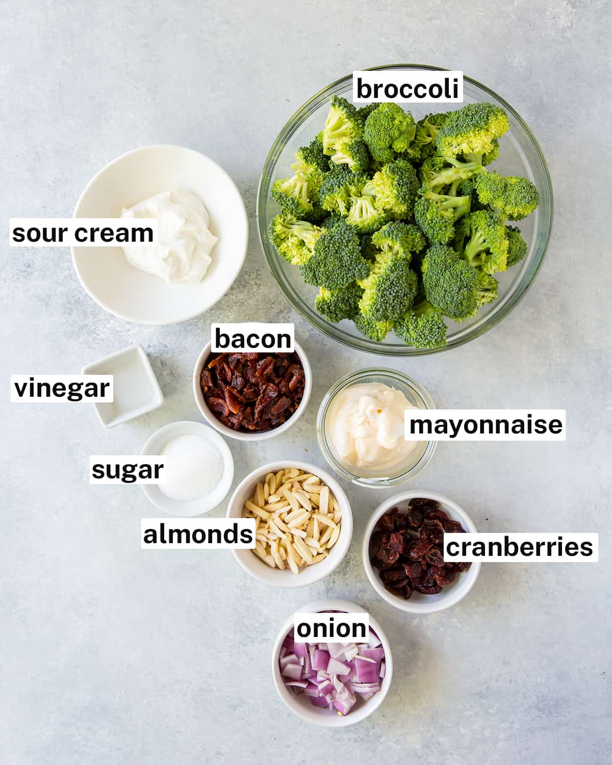 The ingredients needed for Broccoli Salad with text overlay.