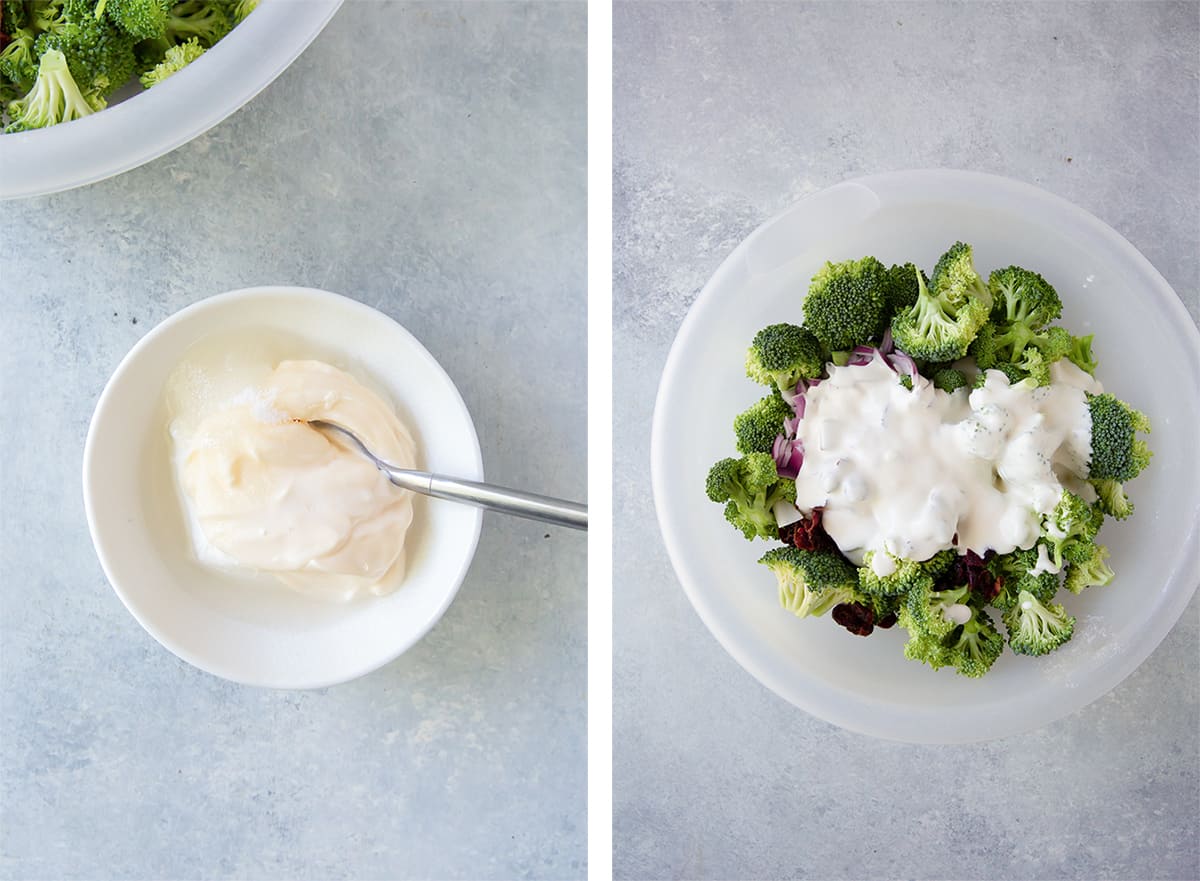 Dressing in a small bowl and on top of broccoli salad ingredients.