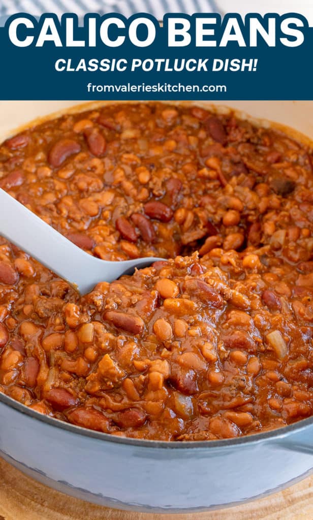 A spoon stirring beans in a Dutch oven with text overlay.