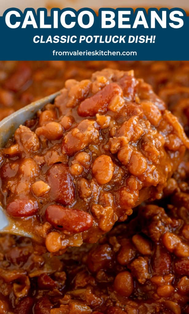 A close up of a spoon scooping baked beans with text overlay.