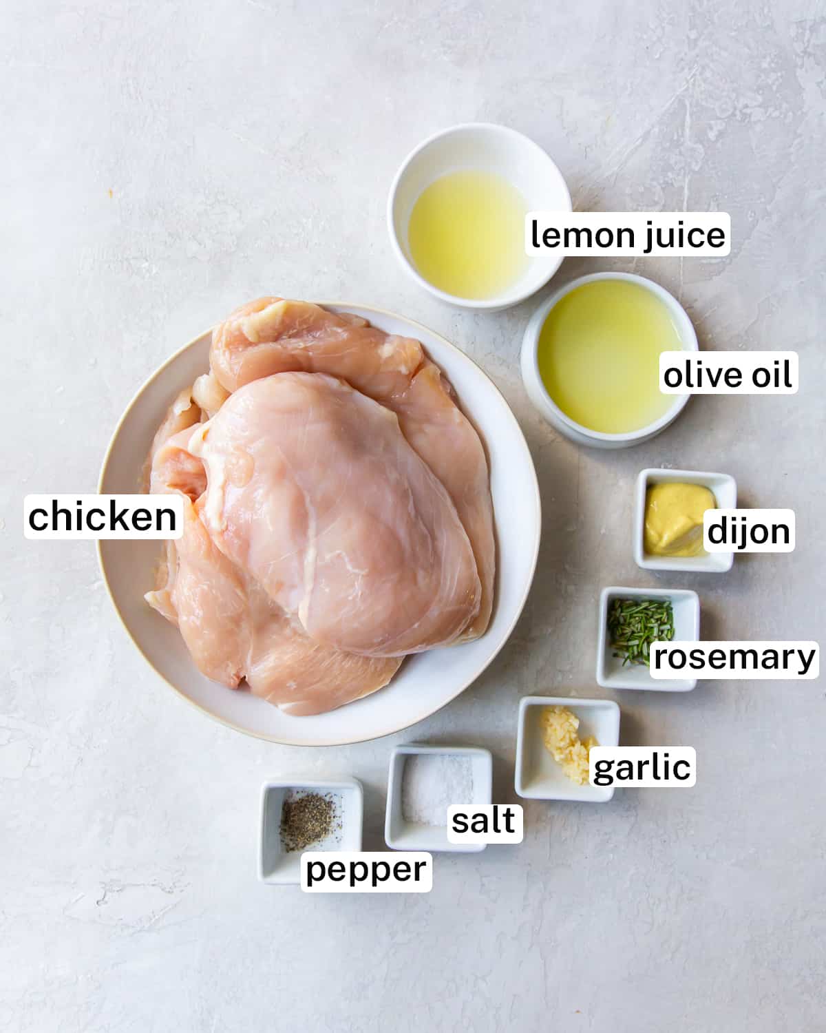 Ingredients for chicken marinade with text overlay.