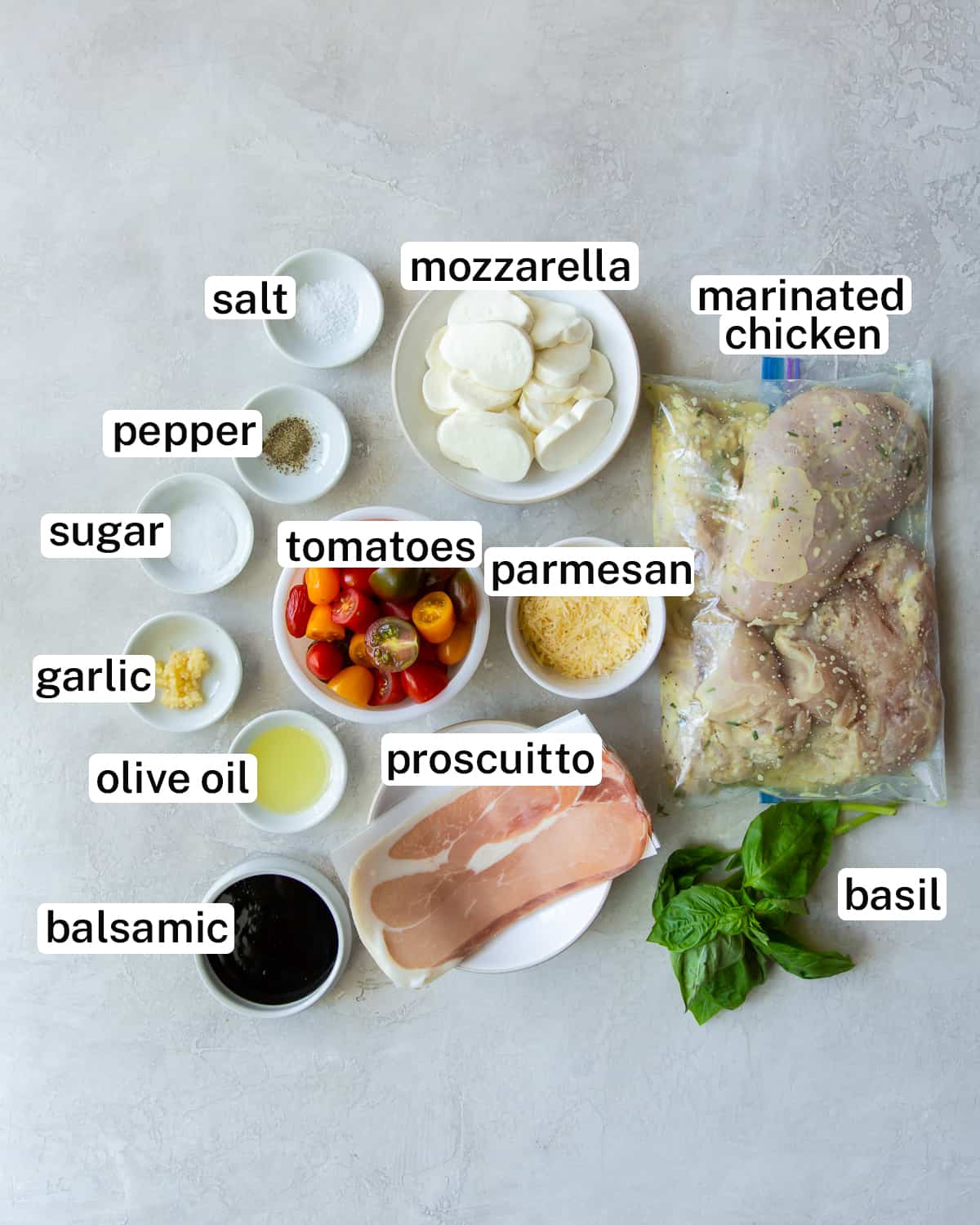 Ingredients for Chicken Caprese with text overlay.