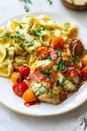 Chicken Caprese on a white plate with tortellini.