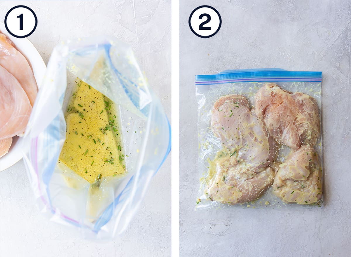 Chicken and marinade in a plastic storage bag.