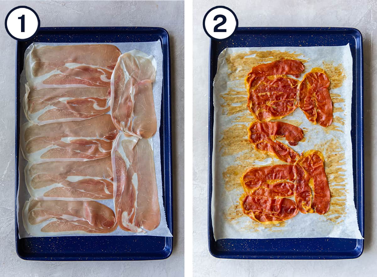 Prosciutto on a parchment paper lined baking sheet before and after it has been crisped in the oven. 