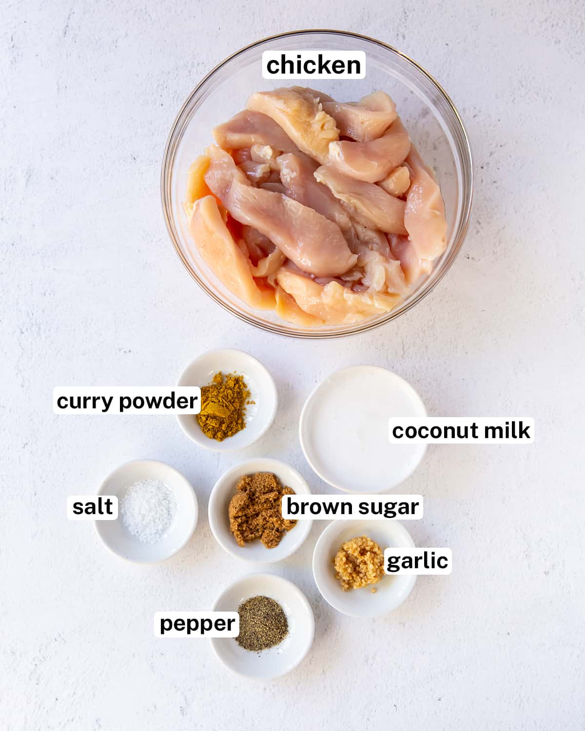Ingredients for chicken satay with text overlay.