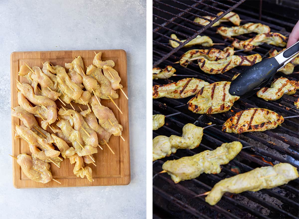 Chicken on skewers on a wooden board and on a grill.