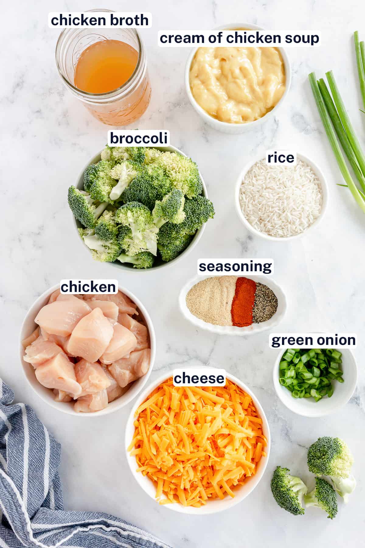 The ingredients for Chicken Broccoli Rice Bake with text overlay.