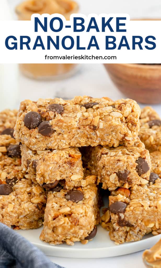 A stack of granola bars on a plate with text overlay.