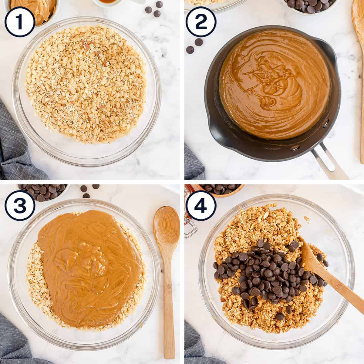 Rice krispies and oats in a bowl and a peanut butter mixture in a saucepan are combined.