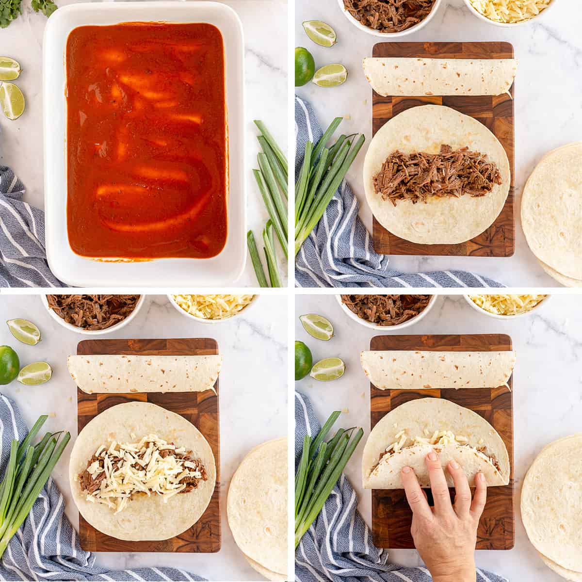 Enchilada sauce in a baking dish and beef is rolled inside tortillas.