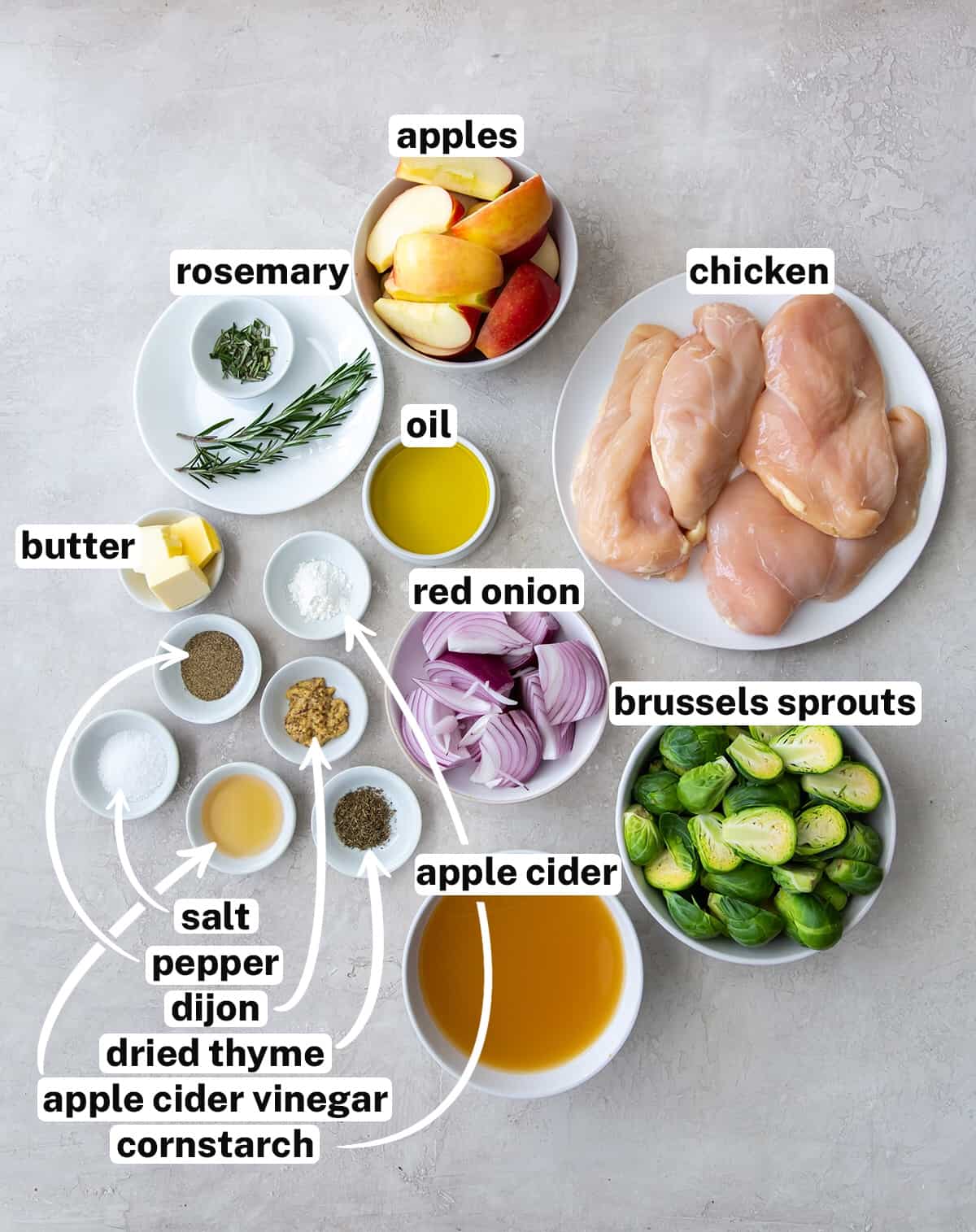 The ingredients for Apple Cider Chicken with overlay text.