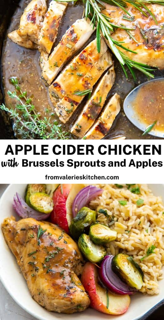 Two images of apple cider chicken with apples and onions with text overlay.
