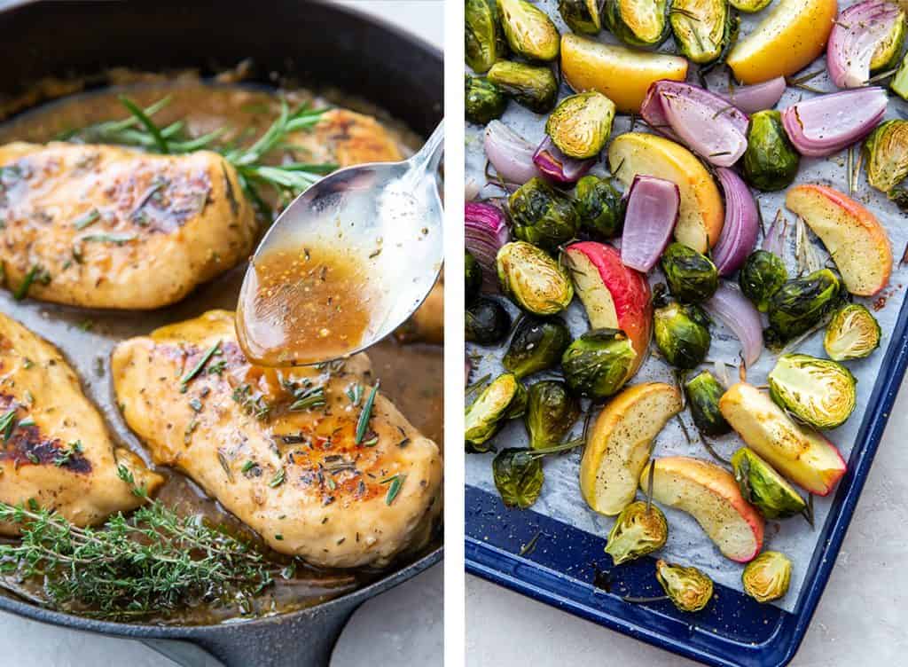A spoon pours apple cider sauce over chicken and a baking sheet full of colorful roasted vegetables.
