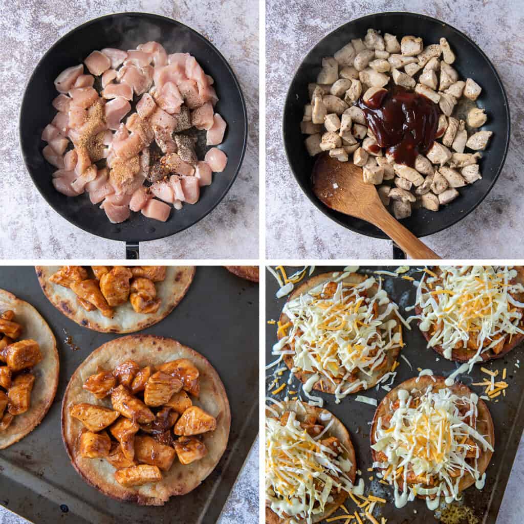 Chicken cooking in a skillet with BBQ sauce and then added to tortillas with toppings.