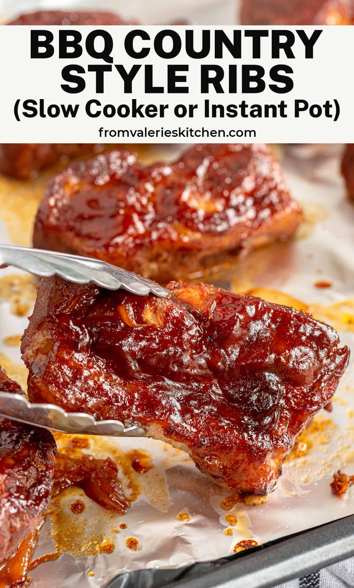 Tongs holding a country style rib with BBQ sauce with text overlay.