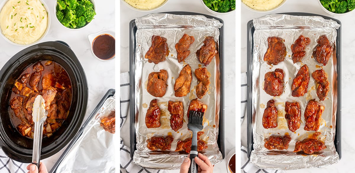 Tongs transfer ribs to a baking sheet and the ribs are brushed with BBQ sauce.