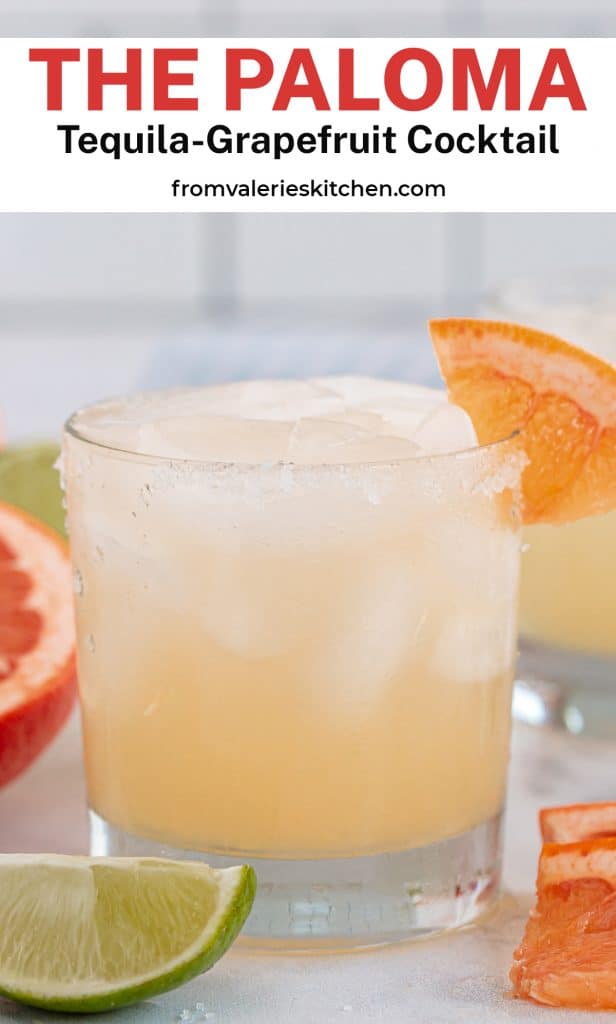 An eye level shot of a Paloma cocktail on a kitchen counter with text overlay.