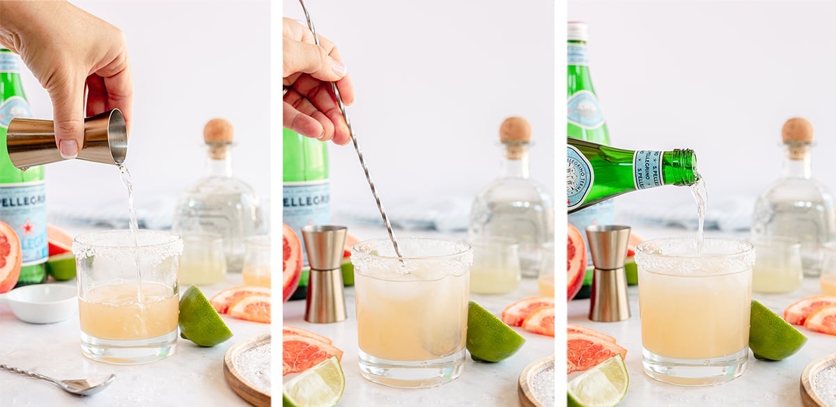 Tequila, grapefruit juice, and other ingredients are combined in a glass.