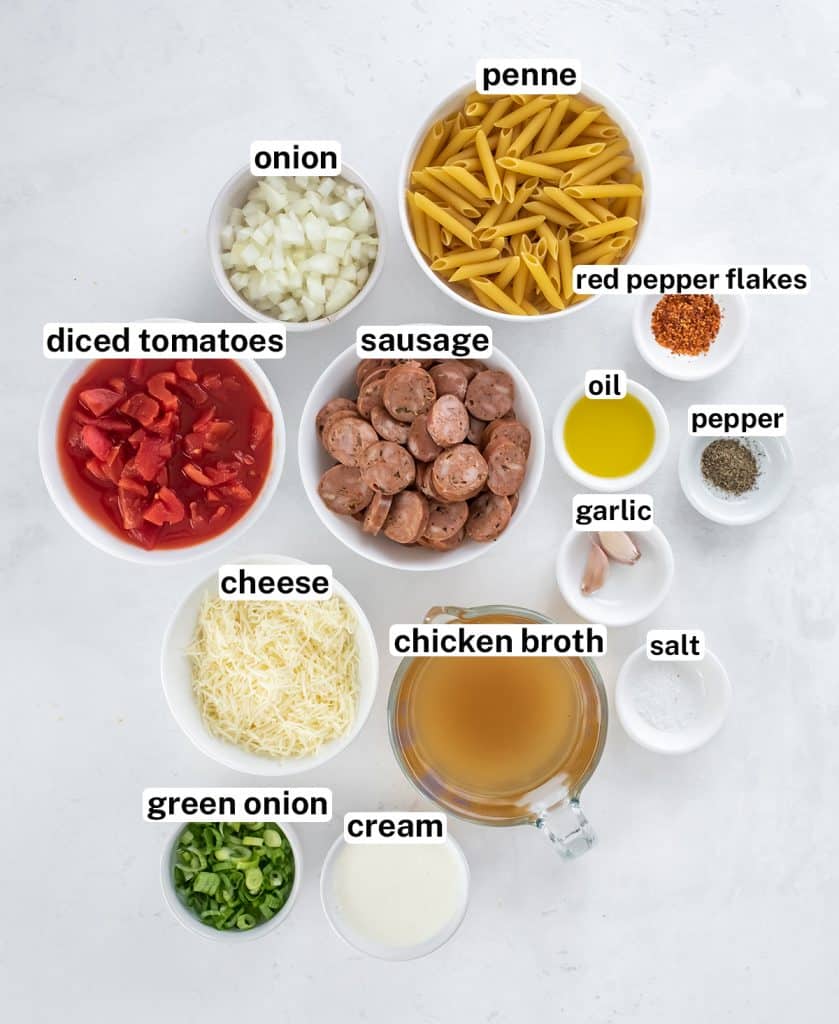 The ingredients for Skillet Sausage Pasta with overlay text.