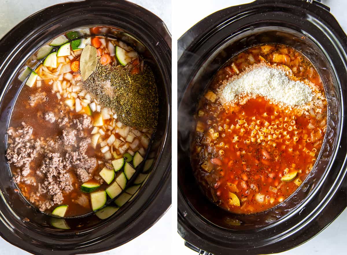 Ground beef, broth and other ingredients in slow cooker.