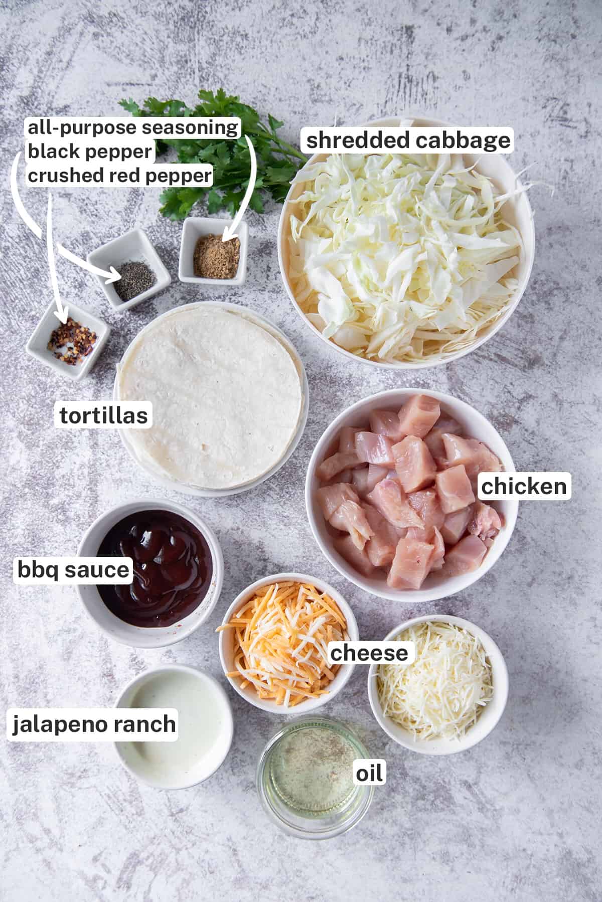 The ingredients to make BBQ Chicken Tostadas with overlay text.