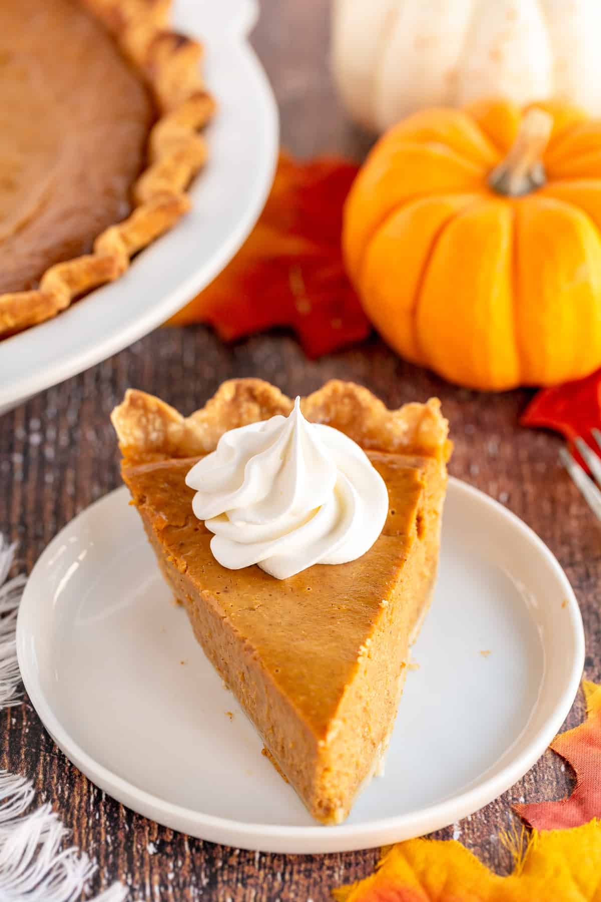 A slice of pumpkin pie topped with whipped cream with mini pumpkins in the background.