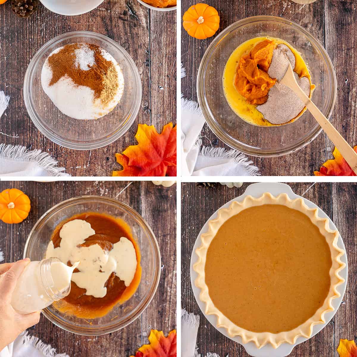 Ingredients for pumpkin pie are combined in a large mixing bowl and then poured in a pie crust.