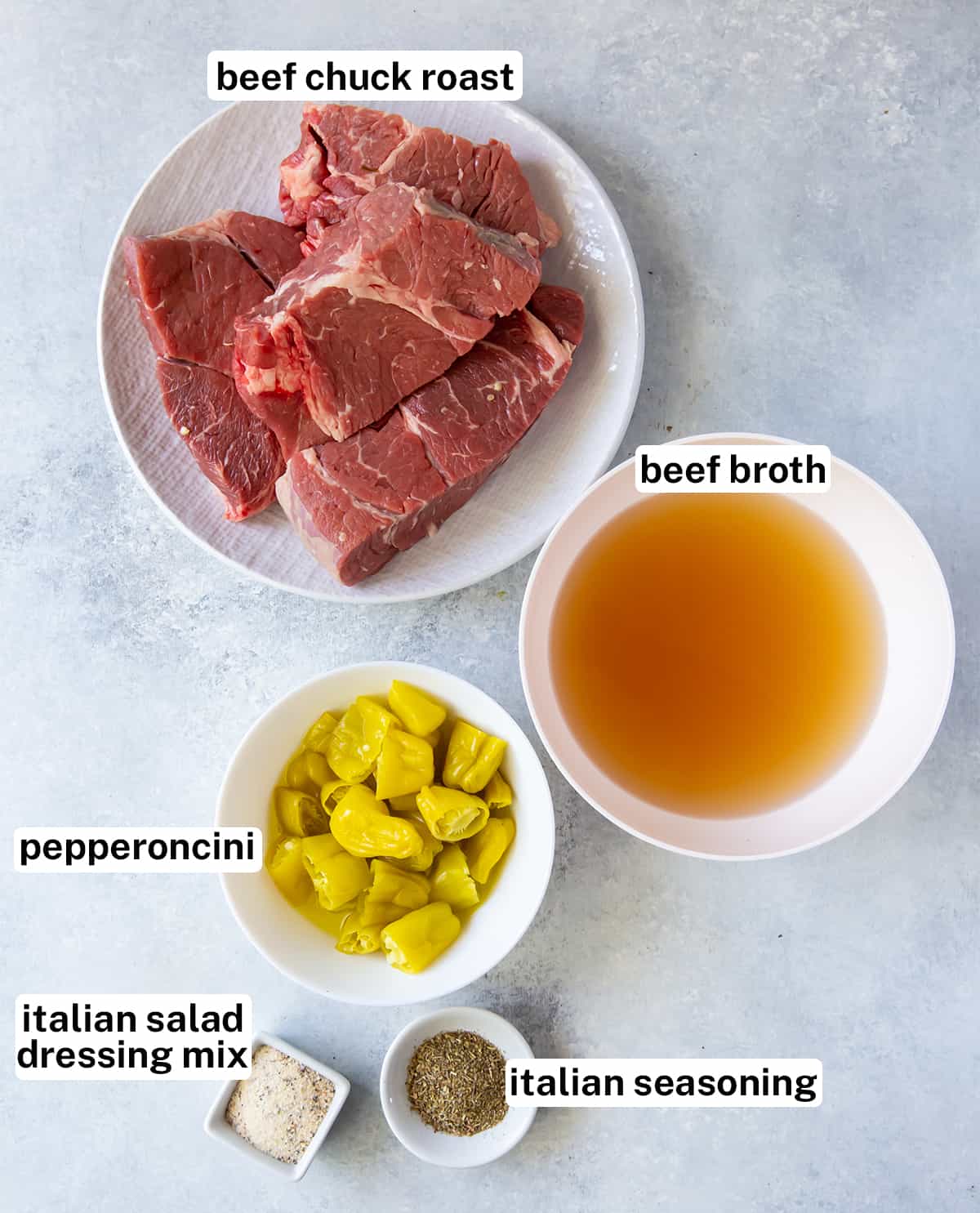 Chuck roast, pepperoncini and other ingredients for Italian Beef with overlay text.