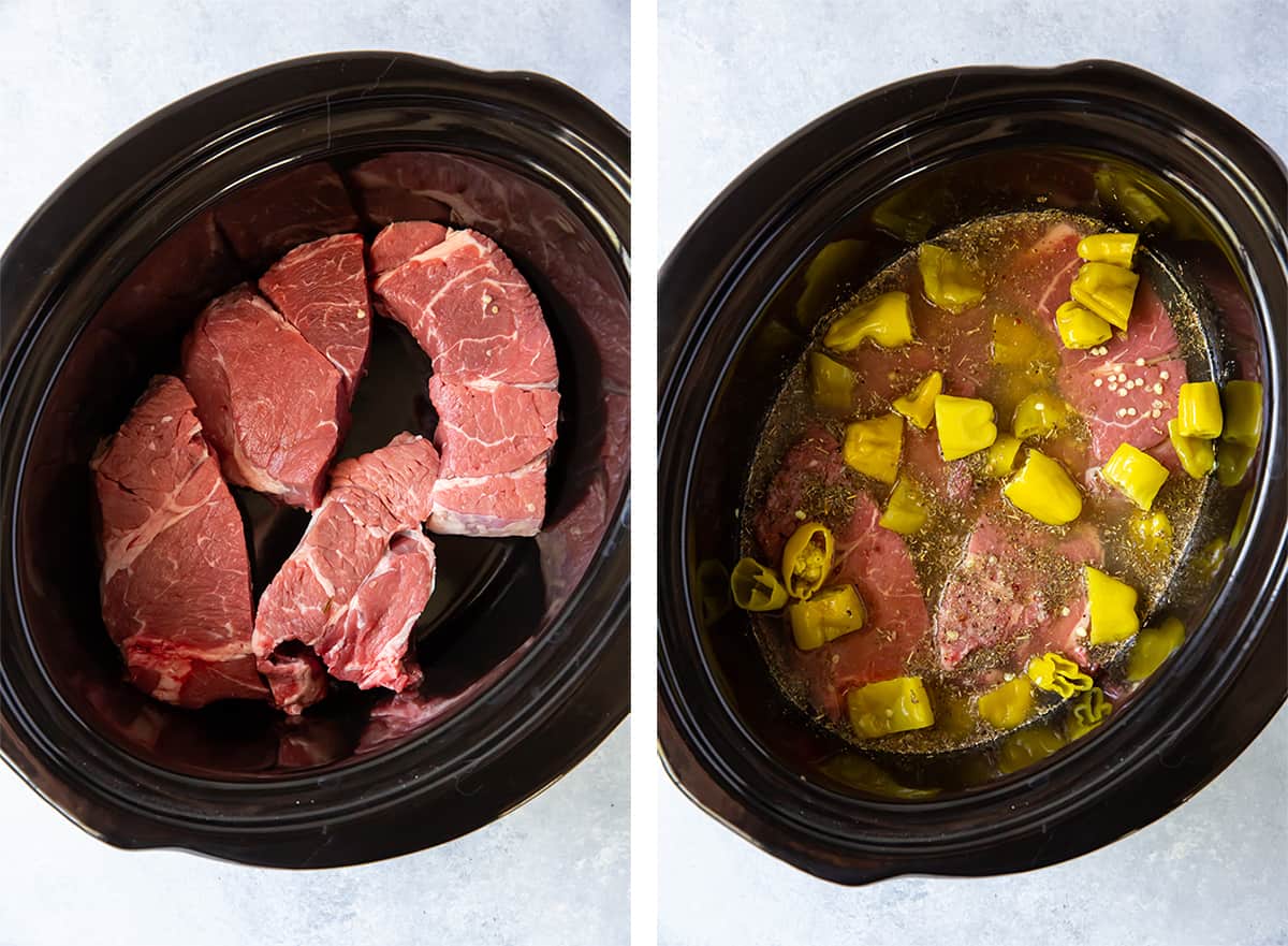 Chunks of chuck roast, broth, pepperoncini and Italian dressing mix in a slow cooker.
