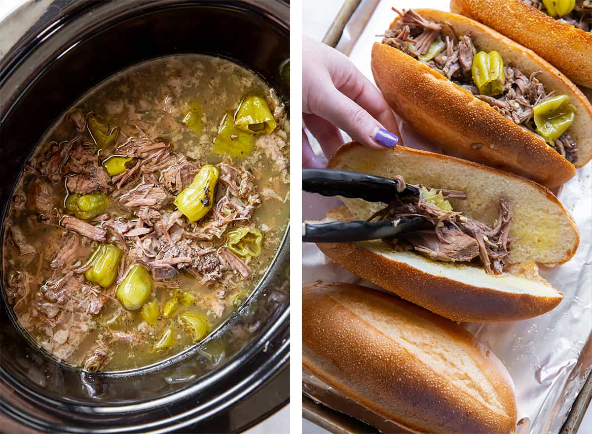 Cooked Italian Beef in a slow cooker and on sandwich rolls.