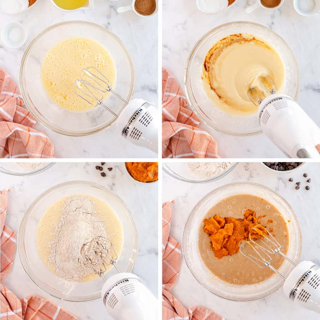 Wet ingredients and dry ingredients are combined with pumpkin puree in a mixing bowl.
