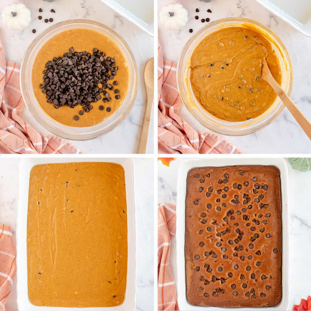 Chocolate chips are added to pumpkin cake batter and the batter in a baking dish.