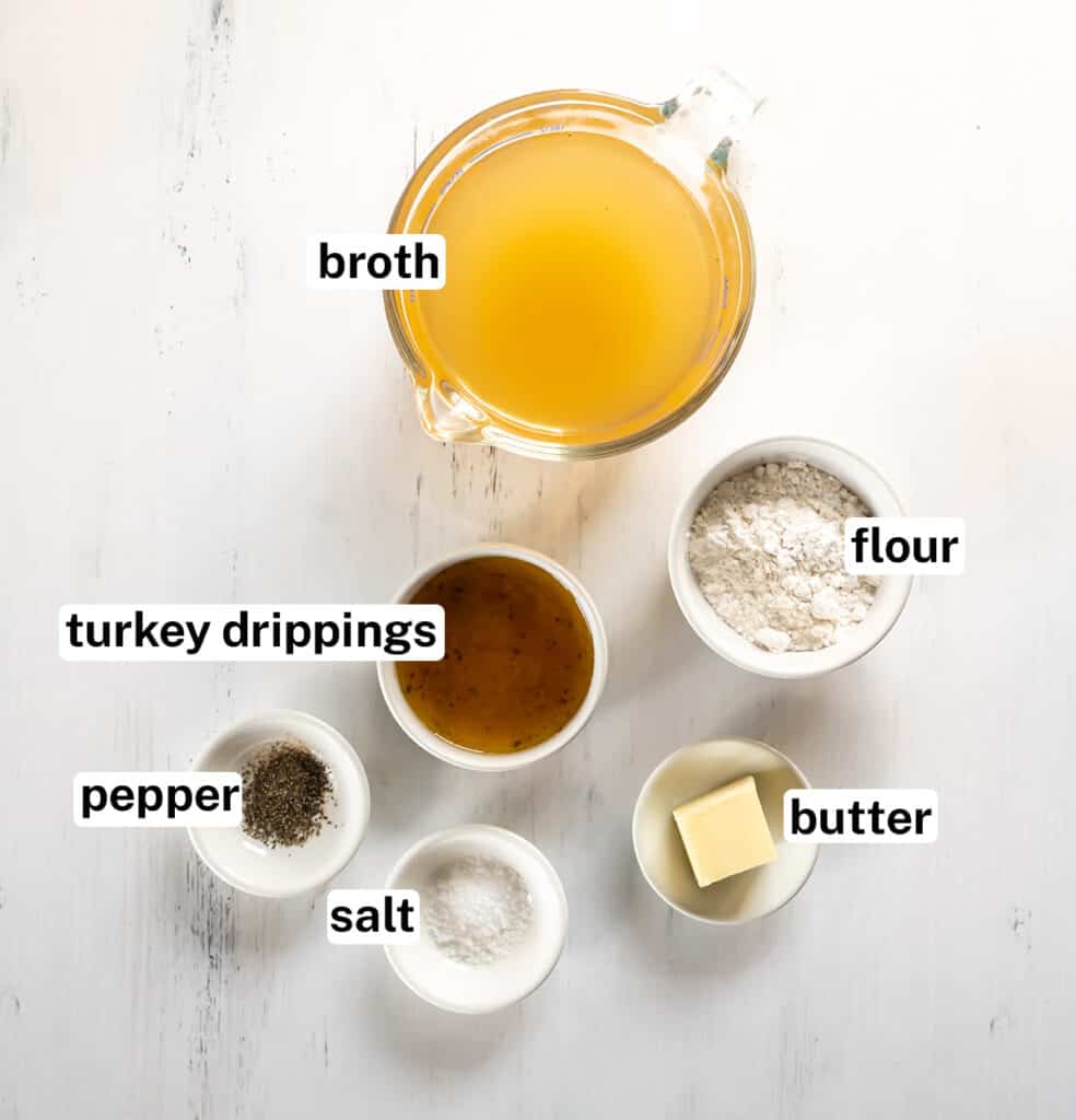 The ingredients for turkey gravy with overlay text.
