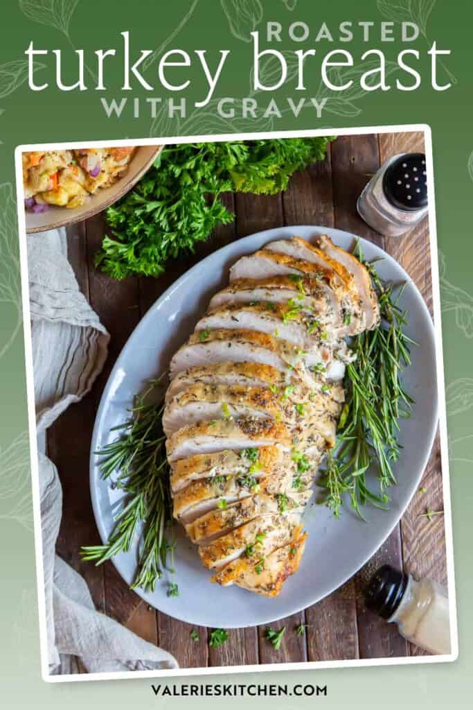 Sliced roasted turkey breast on a white platter with text overlay.