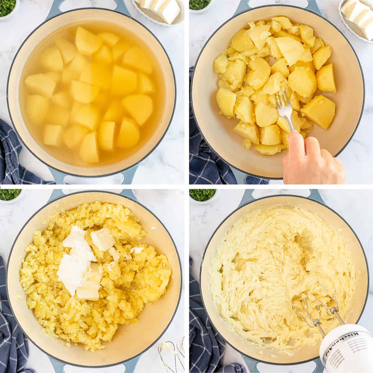 Process images showing potatoes in broth and being mashed with an electric mixer.