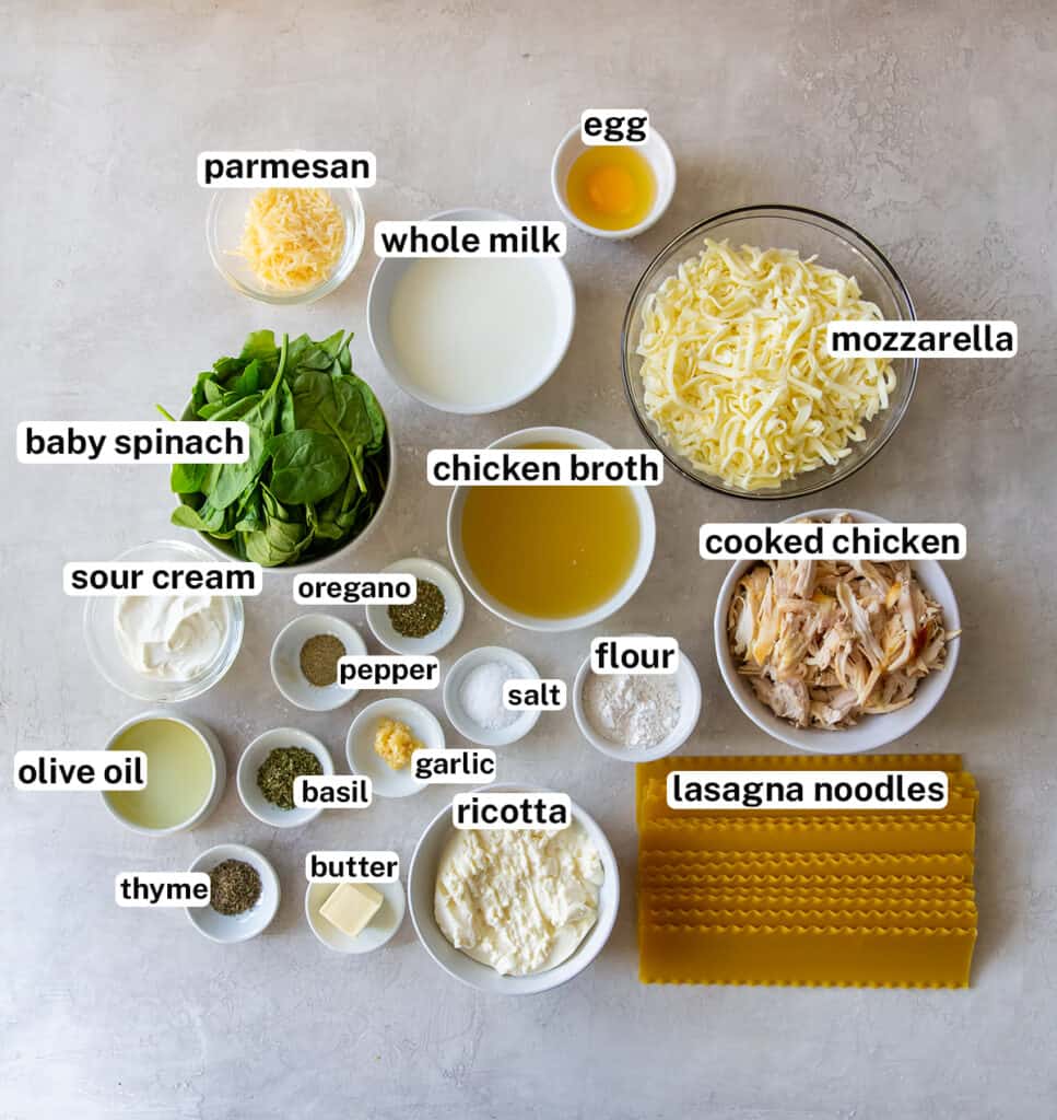 The ingredients for White Chicken Lasagna with overlay text.