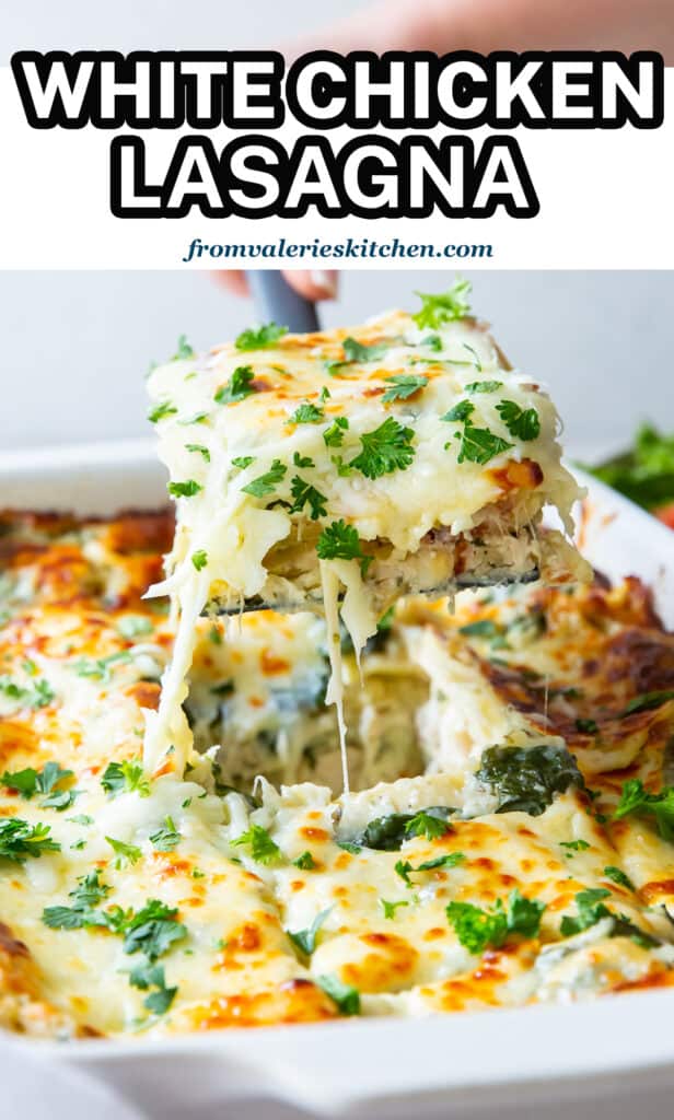 A spatula lifting a slice of White Chicken Lasagna from a baking dish with overlay text.