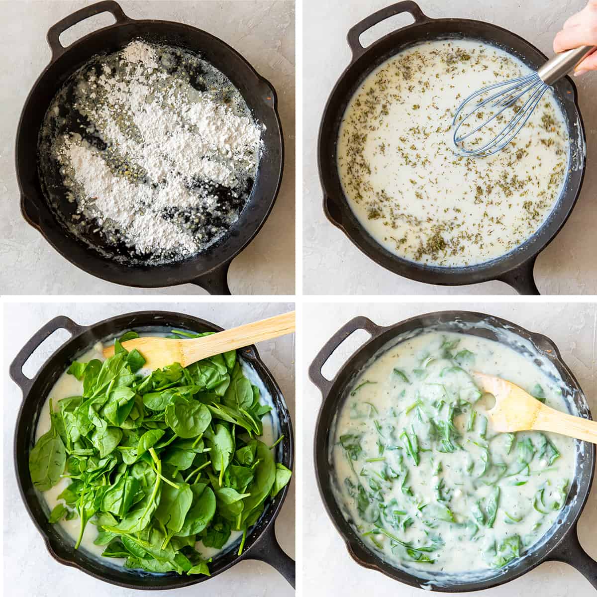 A spinach white sauce being made in a cast iron skillet.